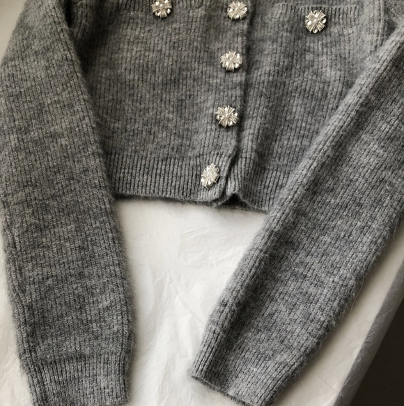 Self Portrait Grey Fluffy Crystal Trim Cardigan - Picture 9 of 13